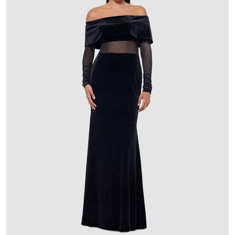 Betsy & Adam Black Velvet Off Shoulder Mesh Illusion Gown NWT 4